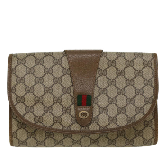 GUCCI GG Canvas Web Sherry Line Clutch Bag PVC Leather Beige Red Auth 45603 - Picture 13 of 16